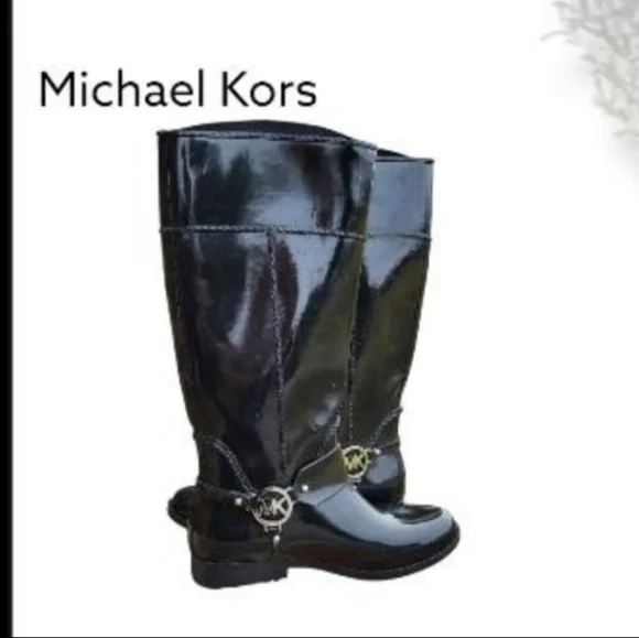 Michael Kors Fulton Tall Riding Harness Boot Black Gloss MK Logo Rain Women 8 - Picture 11 of 11
